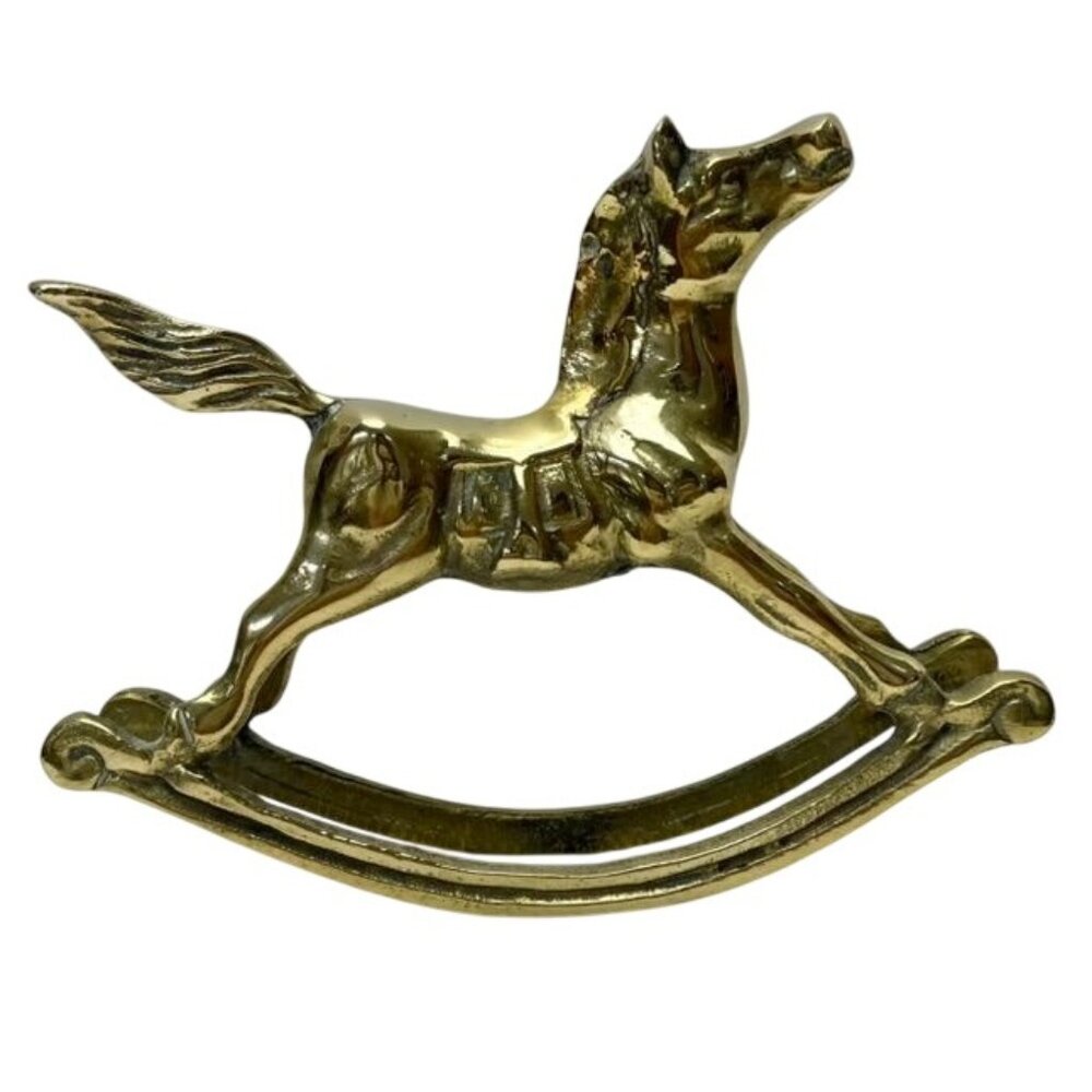 Vintage Solid Brass Rocking Horse Figurine 7" Long Nursery Shelf Decor - Picture 2 of 5